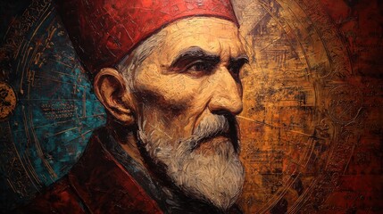 Fototapeta premium A detailed, textured portrait of an elderly man in traditional attire, set against a vibrant, abstract background, showcasing artistic mastery and historical significance.