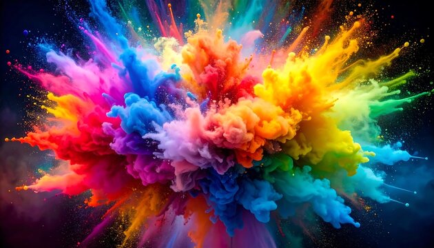 An explosion of vibrant, multicolored powder against a dark background, creating a visually stunning burst of color and energy - Powered by Adobe