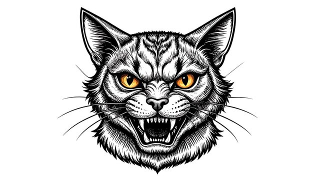 An illustration depicts a feline's face, snarling ferociously with visible fangs and bright, piercing eyes, executed in stark black and white