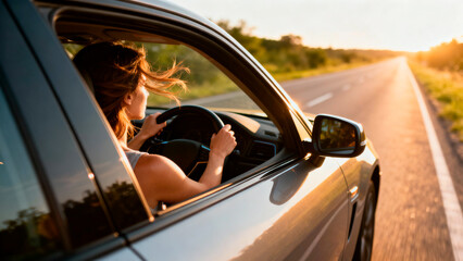 Unveil the confidence of a woman steering through a sunlit drive