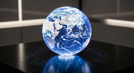 Glowing digital Earth globe on a dark futuristic display platform.
A stunning, digitally rendered image of the Earth as a glowing blue globe, positioned centrally on a sleek, dark