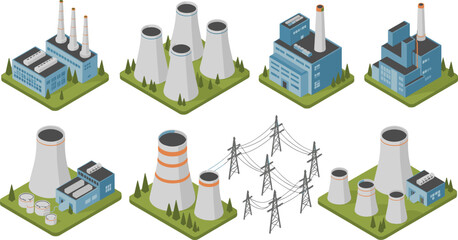 Isometric illustration of industrial power plants and electricity stations, cooling towers, chimneys, and transmission towers representing energy generation and distribution system infrastructure