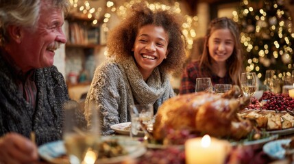 Family celebrates festive dinner with turkey and holiday decorations