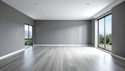 Obraz premium An interior shot showcasing an empty, modern room with gray walls and light wooden flooring. Large windows offer natural lighting