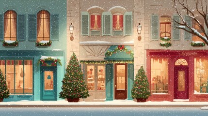 Festive snowy street with colorful shops and decorated christmas trees
