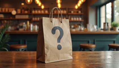 A brown paper bag with a question mark stands on wooden table. The cafe background is blurred. The photo concept is mystery expectation delivery takeaway.