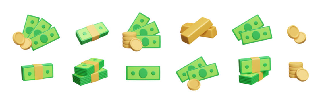 Different money banknote bundle 3D render. Green dollar fan of cash, money stack of paper bills currency, gold bar treasure and metal coins stack 3D vector icon set isolated on white background.