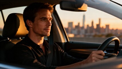 Witness the intensity of a driver racing through urban streets at dusk