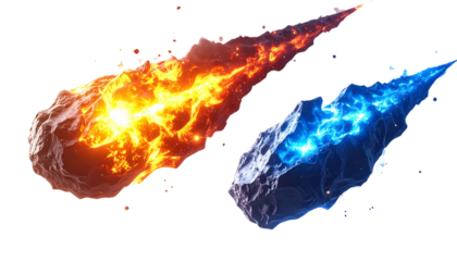 Fiery blazing meteor and glowing cosmic meteor isolated on transparent background