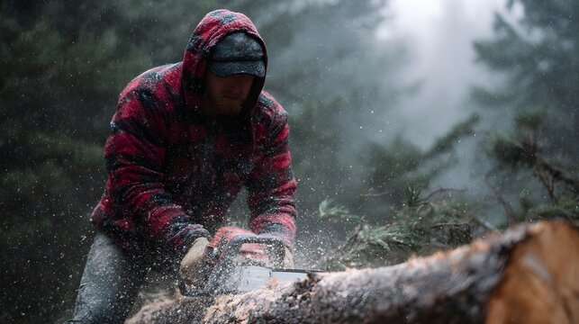 Man in plaid jacket using chainsaw to cut a fallen log in a misty forest