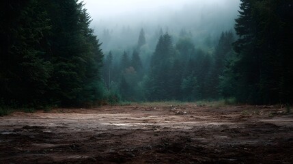 A misty atmospheric view of a cleared forest area with wet muddy ground and dense evergreen trees in the background