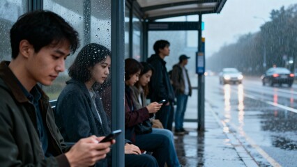 Soak in the quiet anticipation of people at a serene bus stop