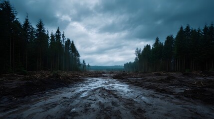 A muddy cleared forest path leads into a desolate landscape under a dark cloudy sky
