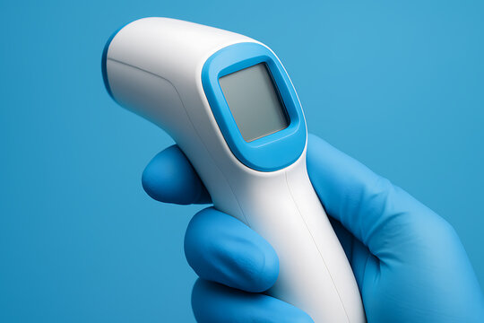 A gloved hand holding a digital infrared thermometer used for contactless temperature checks in healthcare and safety environments.