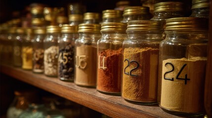 Assorted spices in glass jars on wooden shelf numbered 12 to 24 in warm lighting