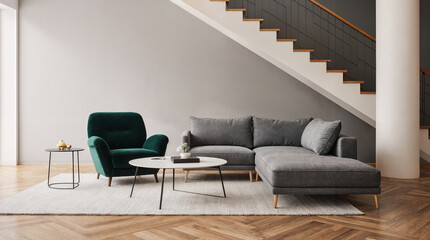 The living room interior layout is modern and technological with a sofa