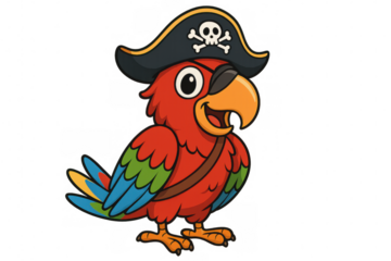 Pirate parrot cartoon mascot wearing tri corner hat with skull and crossbones and an eyepatch, transparent background