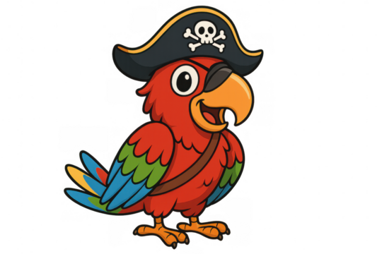 Pirate parrot cartoon mascot wearing tri corner hat with skull and crossbones and an eyepatch, transparent background