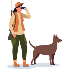 Illustration of a Woman in Hunting Attire with Binoculars and a Dog Standing on a White Background