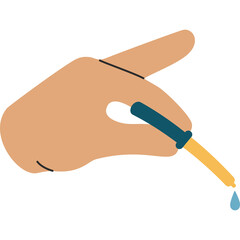 Illustration of a human hand holding a dropper with a blue liquid droplet falling from the tip against a clean white background representing a science experiment or medication administration