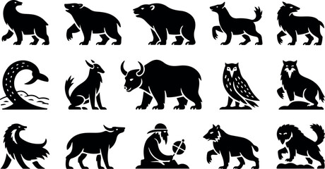 Fototapeta premium Black Silhouette Icons of Animals and a Viking Warrior on White Background bear wolf
