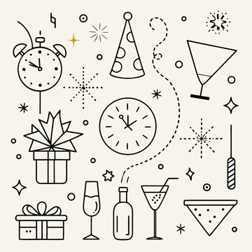 New Year Celebration Line Art Vector Set | Minimal Party Outline Icons & Festive Elements
