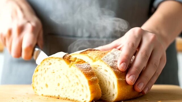 Closeup of hands slicing a steaming loaf of bread on a cutting board
