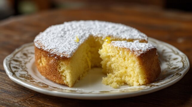 Powdered sugar dusts the golden sponge cake, ideal for Diwali feasts or cozy Hygge afternoons, evoking sweet wistfulness