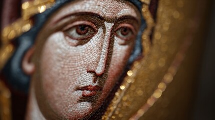 Intricate Byzantine mosaic detail exuding ethereal grace, sacred art for Orthodox Easter, vibrant tesserae in divine symmetry