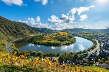 The Moselle loop near a beautiful Bremm village and surrounding vineyards in autumn season. Germany