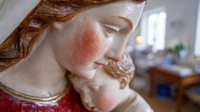 Antique porcelain Madonna cradling sleepy cherub, invoking serene embrace of divinity; perfect for Mother's Day or Candlemas celebrations