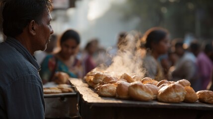 Aromas of freshly baked buns rise in bustling street market, evoking Diwali warmth and culinary serendipity, celebration unfolds