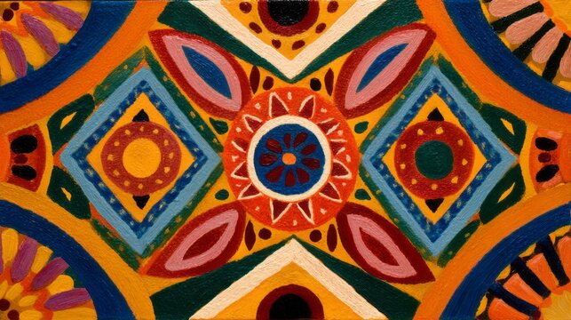 Kaleidoscopic geometric tapestry, vibrant hues celebrate Diwali or Dia de los Muertos, invoking a kaleidoscope of festive unity