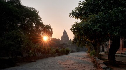 Obraz premium Sunrise bathes an ancient temple and cobblestone path in golden hues, perfect for Hindu New Year or Diwali celebrations
