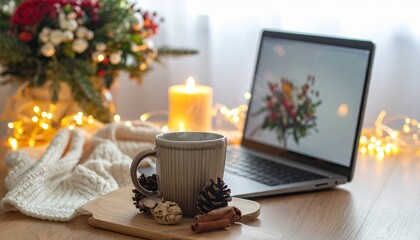 Cozy Christmas Workspace with Laptop and Glowing Lights and Candle with Beige Mug and Wooden Board on Table With