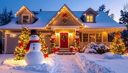 Festive Suburban Home Exterior Decorated with Holiday Lights and Snowman with Red Accents Under Evening Sky