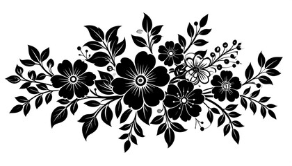 Black and white floral arrangement in an elegant style with detailed blossoms, leaves, and berries. The flowers are symmetrical