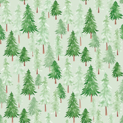 Obraz premium Green forest seamless pattern hand drawn with watercolor. Fir trees and pine trees background for wrapping paper, scrapbook paper, textile, fabric