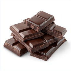 Brown chocolate bar pile for sweet snack food, isolated white
