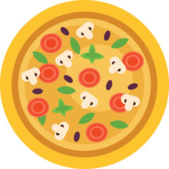 Flat Design Delicious Pizza Topping with Tomato Mushroom Olive and Basil on Golden Crust Isolated on Transparent Background Top View
