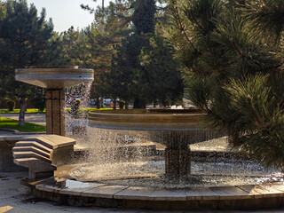 City Fountain with Flowing Water in Green Park, Tashkent