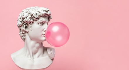 Classic statue with modern twist blowing pink bubble on pastel background