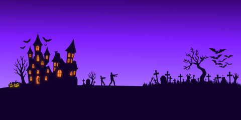 Scary halloween panorama background with space for your text, graphic illustration
