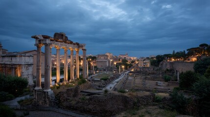 Fototapeta premium Twilight cloaks the ancient Roman Forum in ethereal shadows, echoing whispers of Saturnalia festivities and Empire moonlit myths
