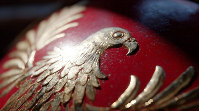 Golden eagle emblem gleams on scarlet background, evoking imperial valor, heraldry mysteries, and Armistice Day reflections