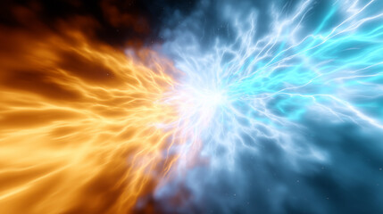 Abstract illustration of a dynamic and energetic clash between orange and blue electrical energy. The image showcases the convergence and collision of opposing forces