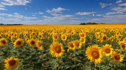Fototapeta premium Endless sunflower field under a bright blue sky with fluffy clouds 