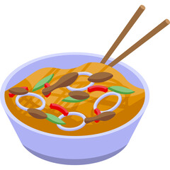 Flat illustration of a bowl of noodles with meat vegetables and chopsticks on a transparent background