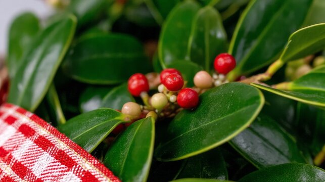 Festive scarlet berries on a lush backdrop evoke Yule's whispers and the enigmatic allure of winter solstice