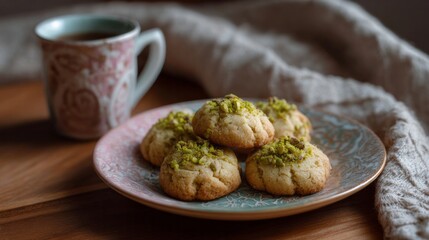 Cozy pistachio-studded cookies beckon from a whimsical plate alongside ornate mug, perfect for Hygge or Diwali tea rituals